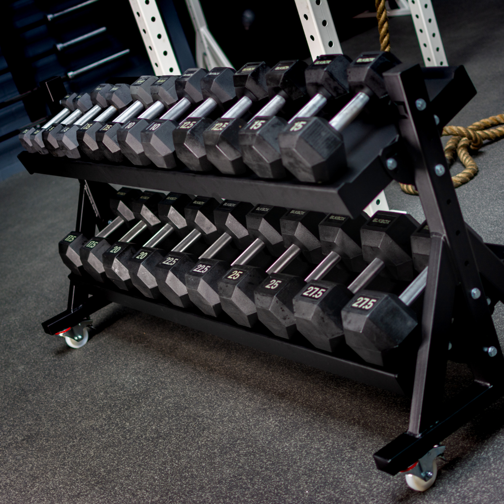 BLK BOX, BLK BOX 2 Tier Dumbbell Rack on Wheels with 5 - 30kg Dumbbell Set